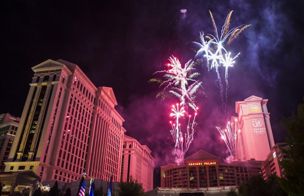 Fireworks go off during a block party celebrating the 50th anniversary of Caesars Palace in Las Vegas on Sunday, July 3, 2016. CREDIT: Chase Stevens/Las Vegas News Bureau